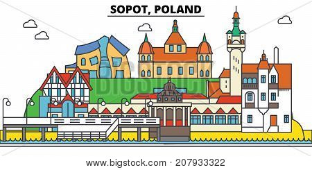 Poland, Sopot. City skyline, architecture, buildings, streets, silhouette, landscape, panorama, landmarks. Editable strokes. Flat design line vector illustration concept. Isolated icons