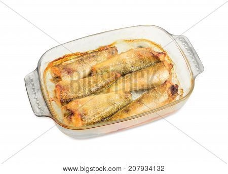 Baked carcasses of the notothenia fish in glass casserole dish