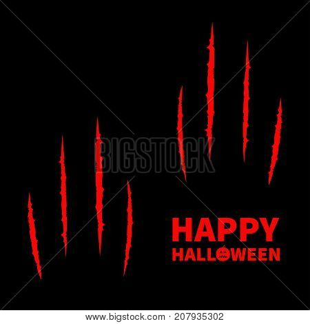 Happy Halloween pumpkin text. Two red bloody claws animal scratch scrape track set. Cat tiger scratches paw. Four nails trace. Flat design. Black background. Vector illustration