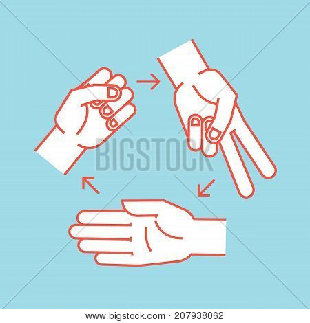 Rock, Scissors, Paper. Gestures. Stylized hands in form of objects for hand game. Vector illustration on blue background. Orange outline and white silhouette. Icon. Rules.