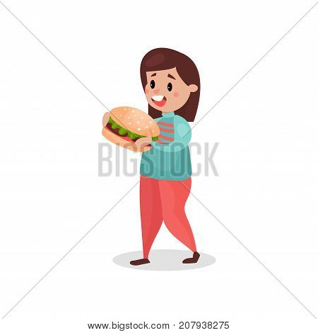 Young fat woman eating giant burger, harmful habit and addiction cartoon vector Illustration on a white background