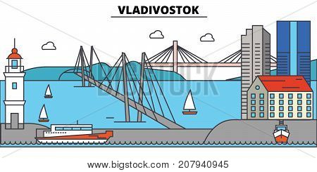 Russia, Vladivostok. City skyline, architecture, buildings, streets, silhouette, landscape, panorama, landmarks. Editable strokes. Flat design line vector illustration concept. Isolated icons