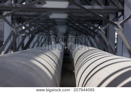 The different colored pipes in the installation of a petrochemical plant