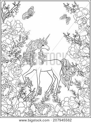 Unicorn. The composition consists of a unicorn surrounded by a bouquet of roses. Outline hand drawing coloring page for adult coloring book. Stock vector.