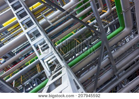 The different colored pipes in the installation of a petrochemical plant