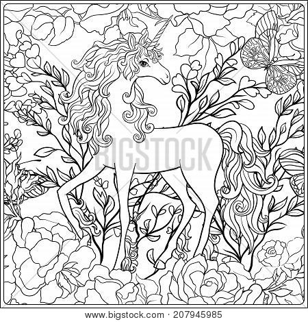 Unicorn. The composition consists of a unicorn surrounded by a bouquet of roses. Outline hand drawing coloring page for adult coloring book. Stock vector.
