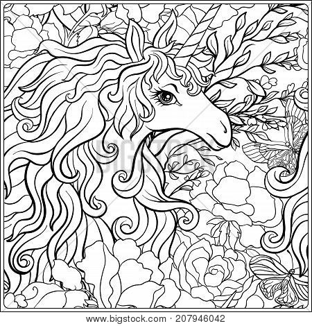 Unicorn. The composition consists of a unicorn surrounded by a bouquet of roses. Outline hand drawing coloring page for adult coloring book. Stock vector.