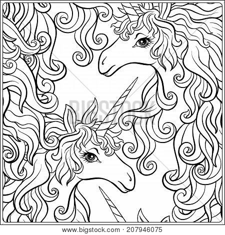 Unicorn. The composition consists of a unicorn surrounded by a bouquet of roses. Outline hand drawing coloring page for adult coloring book. Stock vector.