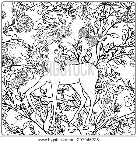 Unicorn. The composition consists of a unicorn surrounded by a bouquet of roses. Outline hand drawing coloring page for adult coloring book. Stock vector.
