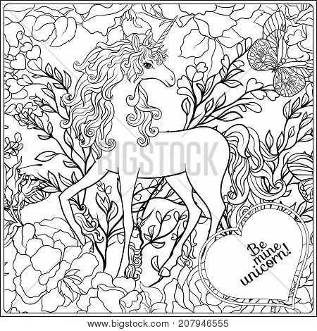 Unicorn. The composition consists of a unicorn surrounded by a bouquet of roses. Outline hand drawing coloring page for adult coloring book. Stock vector.