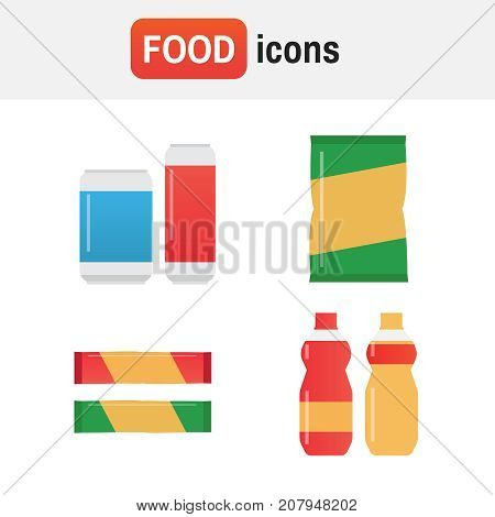 Snack Chips Bag Vector. Fast Food Snacks And Drinks Flat Vector Icons. Fastfood Icons