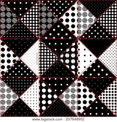 Seamless background pattern. Imitation of a patchwork pattern of rhombuses.. Black and white polka dot patterns.