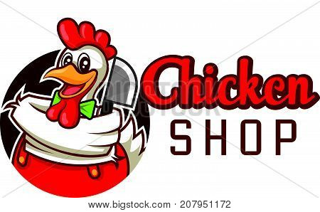 Cartoon cute chicken mascot character with cleaver vector illustration logo