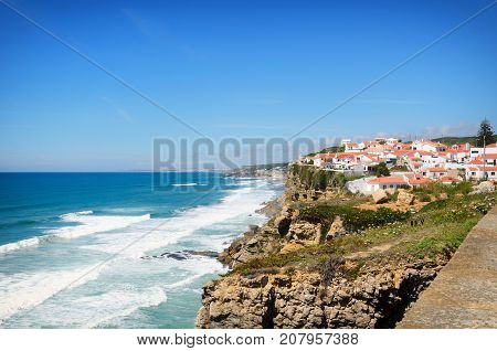 Beautiful coastal view near Azenhas do Mar white village on the cliff Sintra Lisbon Portugal.