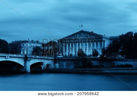 Paris River Seine panorama with Pont de la Concorde and Assemblee Nationale