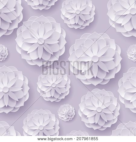 Paper volume flowers background seamless. Paper volume flowers on a lilac-gray background seamless for designers and illustrators. Original template as a vector illustration