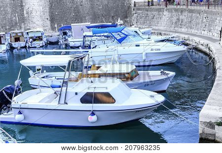 ZADAR, CROATIA - 14 JULY, 2017: Parking boats in the Gulf of Zadar, Croatia