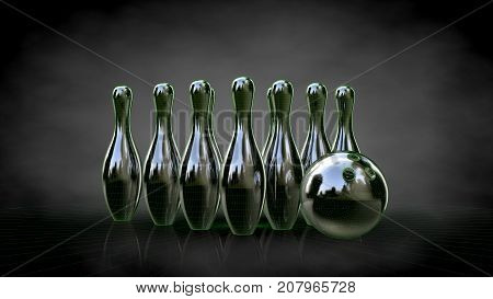 3D Rendering Of A Reflective Bowling Set With Green Outlined Lines As Blueprint On Dark Background
