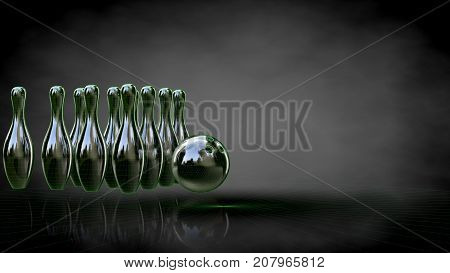 3D Rendering Of A Reflective Bowling Set With Green Outlined Lines As Blueprint On Dark Background