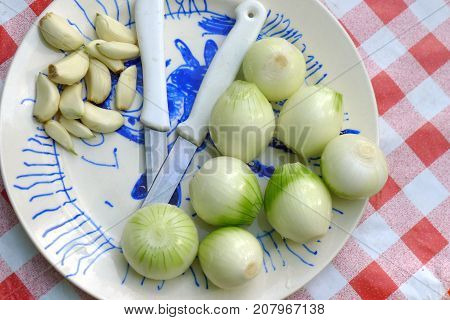 fresh onios and garlic on a plate with two knifes to cut them