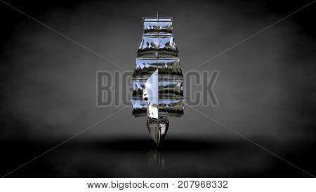 3D Rendering Of A Metalic Reflective Ship On A Dark Background