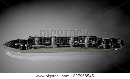 3D Rendering Of A Metalic Reflective Ship On A Dark Background