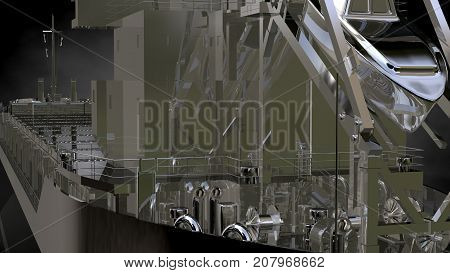 3D Rendering Of A Metalic Reflective Ship On A Dark Background