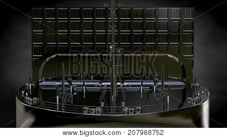 3D Rendering Of A Metalic Reflective Ship On A Dark Background