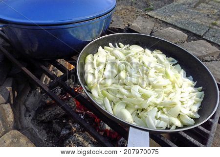 frying fresh onios in the garden on open fire