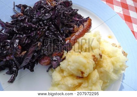 Red cabage with mashed patato and sausage  adutch traditional dish