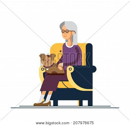 Grandma sitting in cozy chair and keep the puppy on one's knees. Vector illustration of a flat design. Old woman in retirement