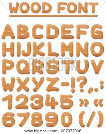 WOOD FONT - easy rounded wooden textured capital letters, numbers and symbols - isolated vector illustration on white background.