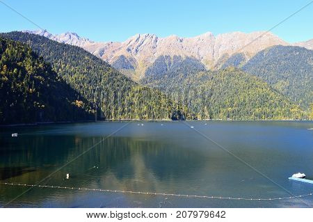 Ritsa lake Mountain Forest, Caucasus mountains, nature, water, reflection