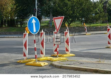 Road construction with warning signd sign