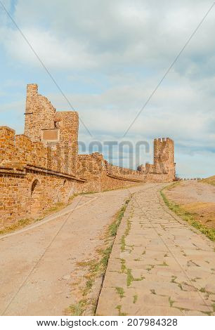 Genoese fortress in Sudak, the Crimea Peninsula, Black sea. Consular castle and the fortification wall of the upper tier. Part of the wall, Museum-reserve "Sudak fortress", Crimea.