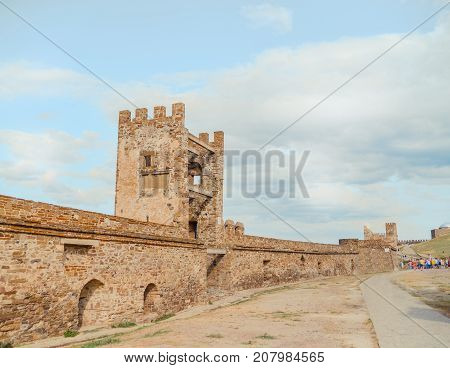 Genoese fortress in Sudak, the Crimea Peninsula, Black sea. Consular castle and the fortification wall of the upper tier. Part of the wall, Museum-reserve 