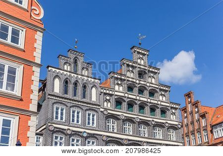LUNEBURG, GERMANY - MAY 21, 2017: Historic facades a the central square of Luneburg Germany