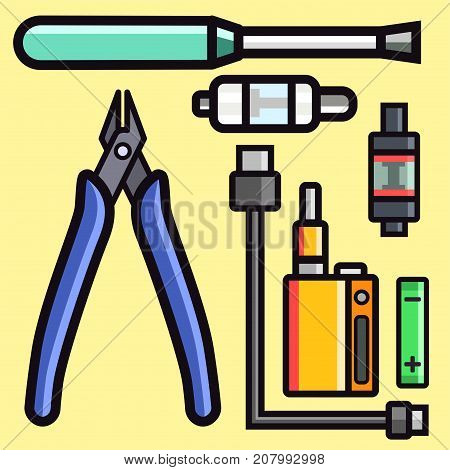 Vape device vector set cigarette vaporizer vapor juice vape bottle flavor illustration battery coil. Trend new culture electronic nicotine liquid. Smoking atomizer device e-liquid.