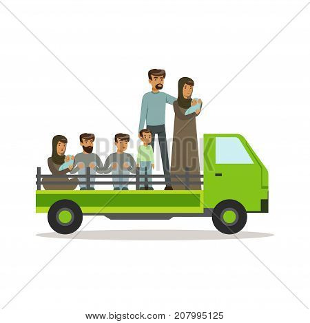 Stateless refugees on a truck trying to cross country border, illegal migration, war victims concept vector Illustration isolated on a white background