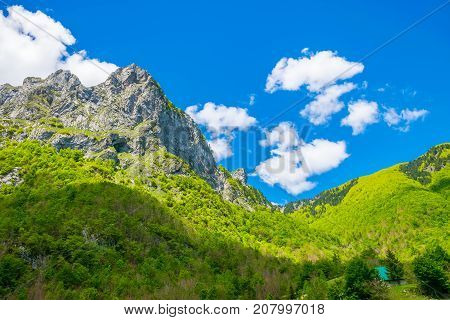 Picturesque Snow-capped Peaks Of High Mountains.