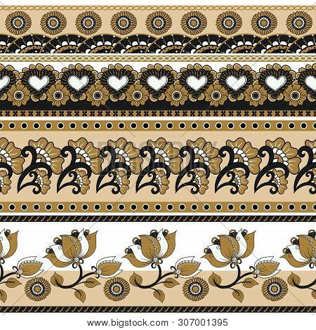 Vector Set Of Colorful Seamless Borders . Ethnic Indian Kalamkari Ornament. Ornamental Folk Design I