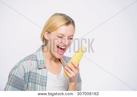 Healthy Teeth. Agriculture And Cultivation. Farming, Farmer Girl With Maize. Corn Crop. Vitamin And 