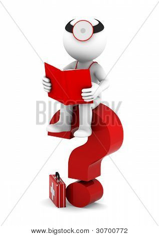 Medic With Book Sittting On Red Question Mark