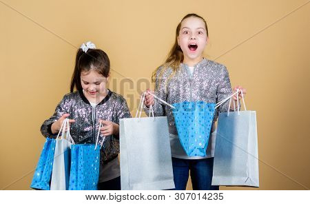 Expect More. Pay Less. Girls Sisters Friends With Shopping Bags Beige Background. Shopping And Purch