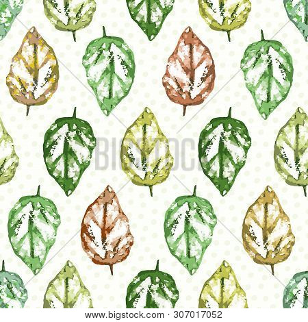 Painterly Leaves In Hues Of Green And Red With Subtly Polka Dot Texture. Seamless Geometric Vector P