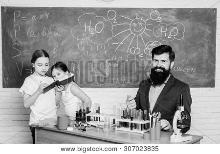 School Kids Scientist Studying Science. Back To School. Happy Children Teacher. Little Kids Learning
