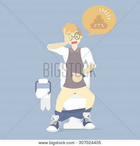 Man Using Flush Toilet, Having Stomach Ache, Suffering From Diarrhea Or Constipation, Health Care, S