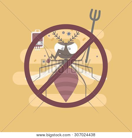 Mosquito With Blood Bag And Virus, Bacteria, Pest Control Concept, Flat Character Design Clip Art Ve