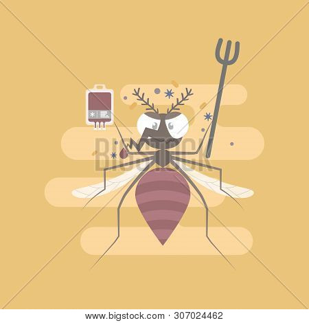 Mosquito With Blood Bag And Virus, Bacteria, Pest Control Concept, Flat Character Design Clip Art Ve