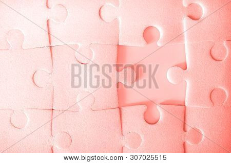 Multiple Yellow Puzzle Pieces Put Together Without One Piece. View From Above. Close Up Trendy Monoc